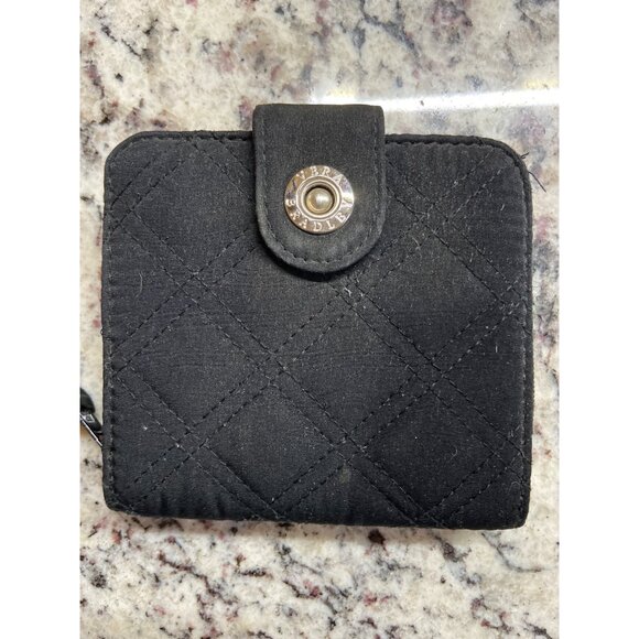Vera Bradley Black Quilted Snap Wallet ID Case Compact Zip Coin Purse Minimalist - Picture 1 of 6